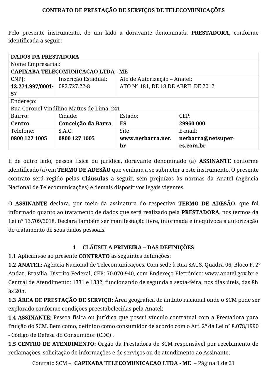 Contrato SCM da Netbarra, página 1 de 21